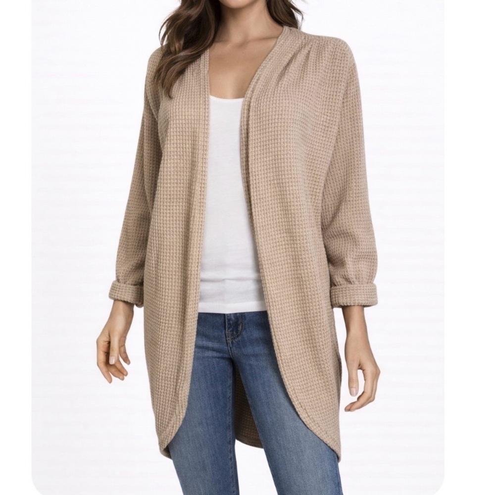 MEROKEETY Women's Long Sleeve Waffle Knit Cardigan Open front SZ SM NEW tan